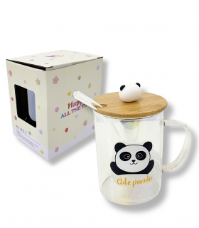 TAZA D/VIDRIO C/TAPA C/PAJITA PANDA