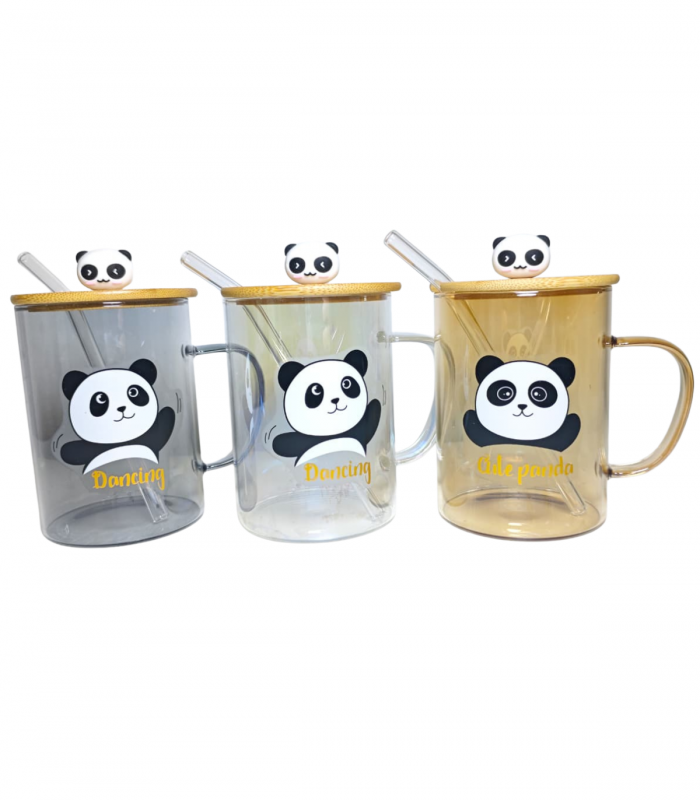 TAZA D/VIDRIO C/TAPA C/PAJITA PANDA