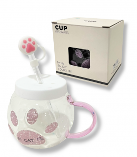 TAZA D/VIDRIO C/PAJITA HUELLA