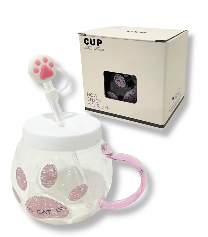 TAZA D/VIDRIO C/PAJITA HUELLA