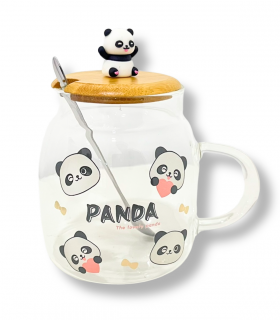 TAZA D/VIDRIO C/TAPA C/CUCHARA PANDA