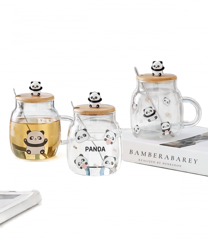 TAZA D/VIDRIO C/TAPA C/CUCHARA PANDA